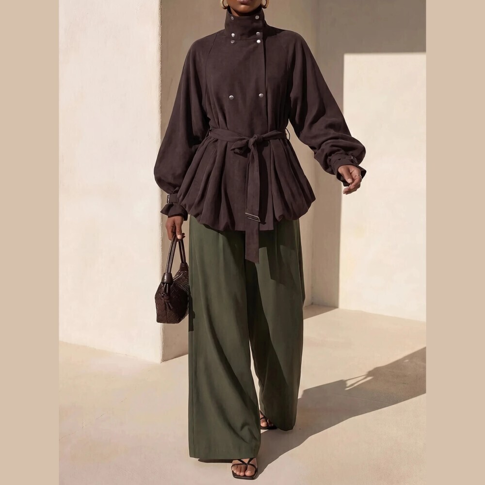 Brown Button High Neck Belted Peplum Jacket